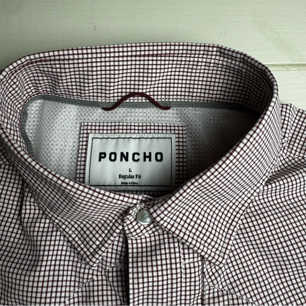 PONCHO Mens Maroon Micro-Check Pearl Snap Short Sleeve Shirt Maroon Microcheck - Picture 3 of 11